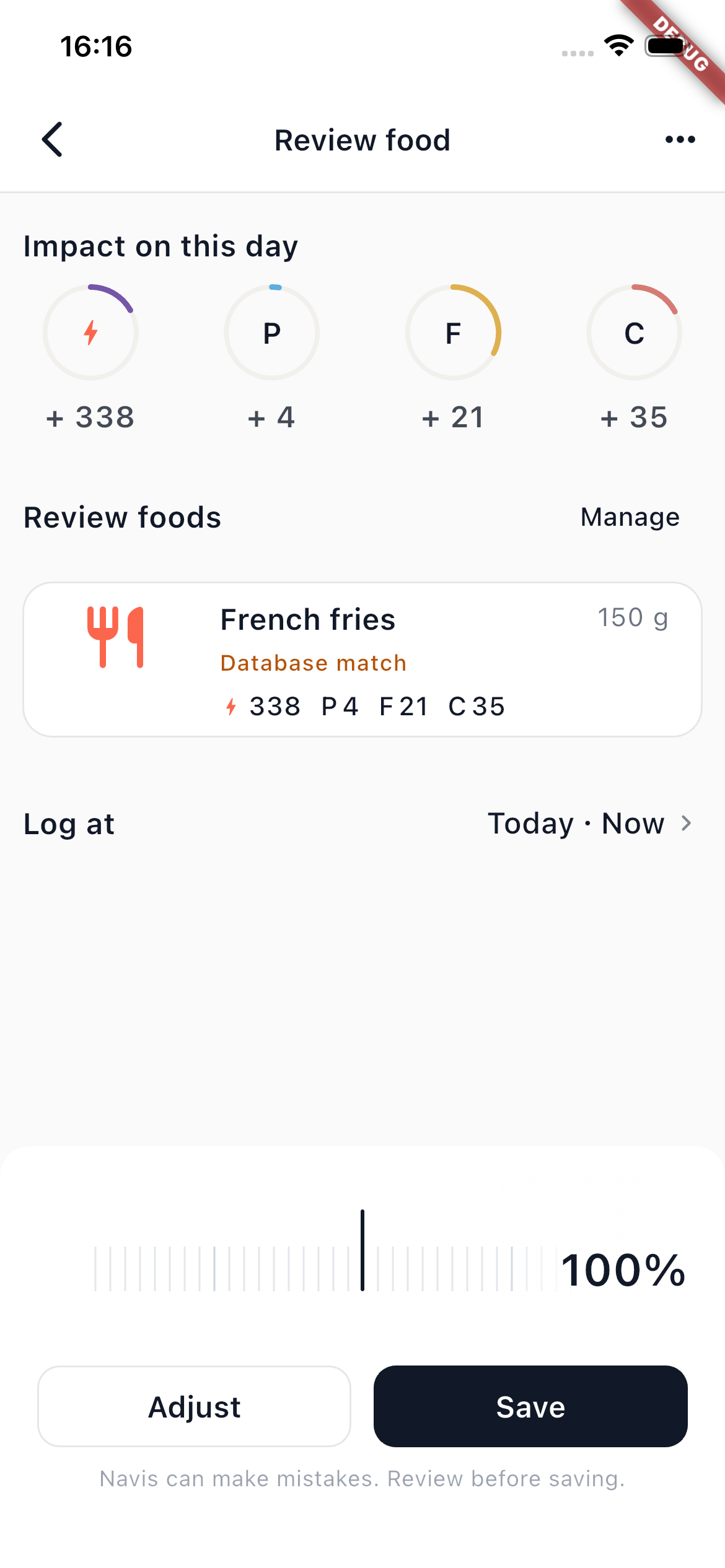 AI food review with Adjust and Save controls