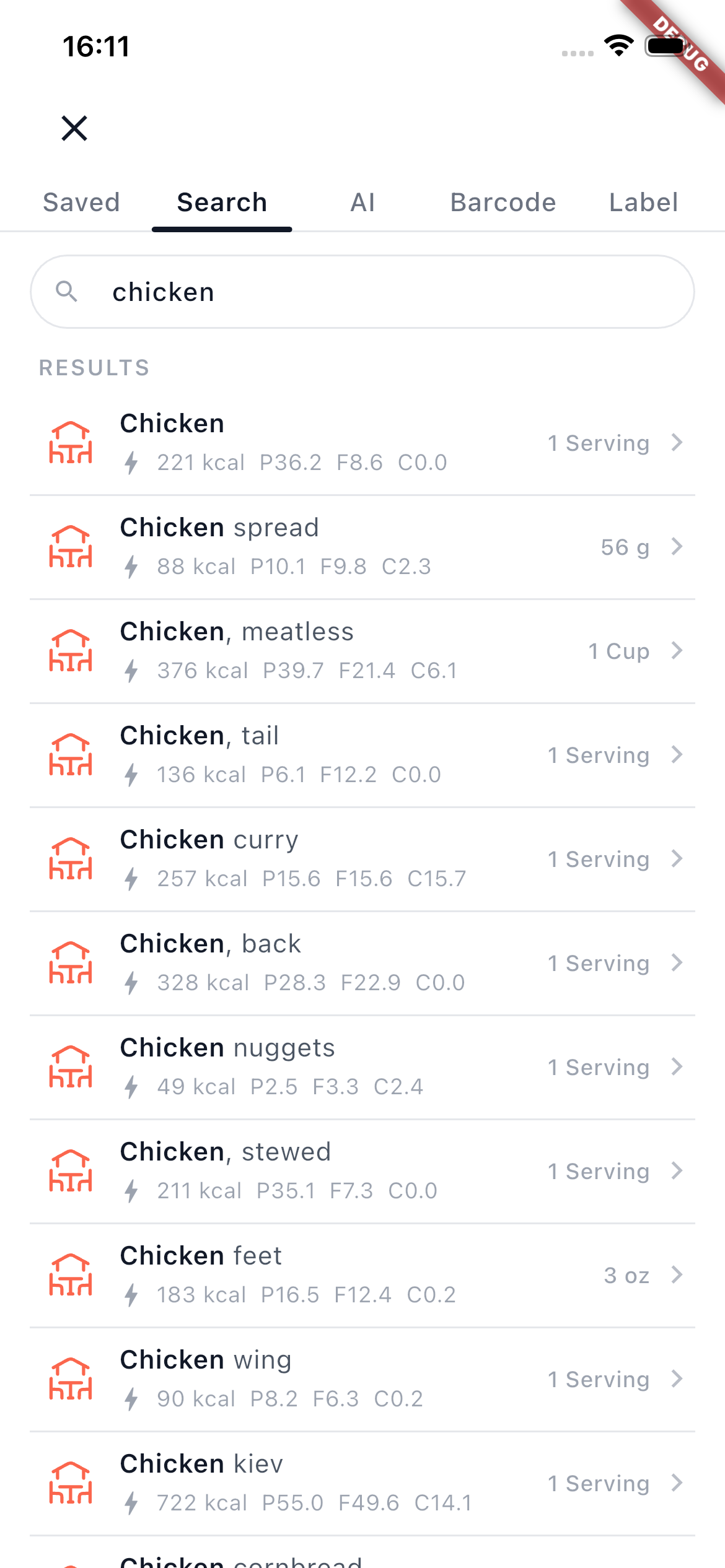 Search tab showing chicken food results