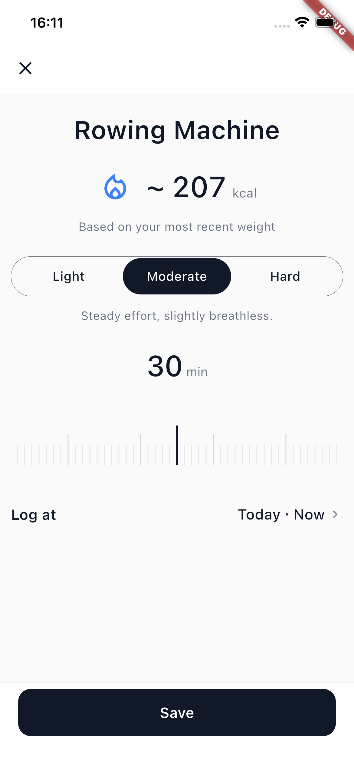 Rowing Machine activity with estimated energy, moderate intensity, and 30 minute duration